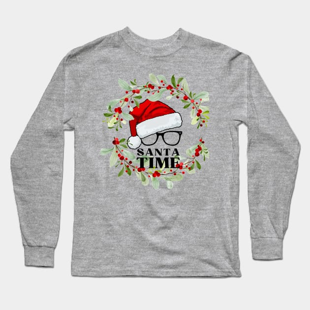 Santa Time (Christmas wreath around hat glasses) Long Sleeve T-Shirt by PersianFMts